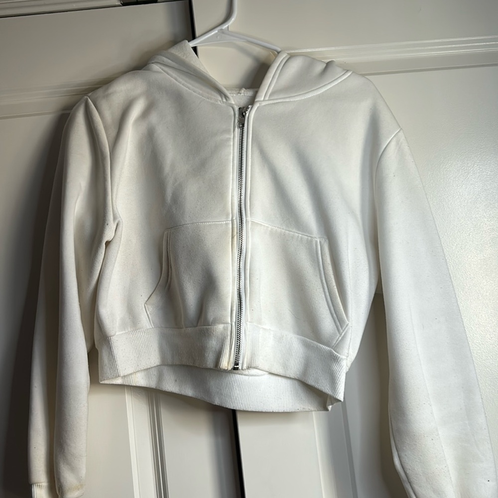 Cropped White Zip Up Hoodie